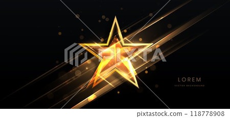 Golden star on black background with lighting effect and sparkle. Luxury template celebration award design. 118778908