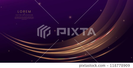 Elegant purple background with gold curve glowing lighting effect and sparkle. 118778909
