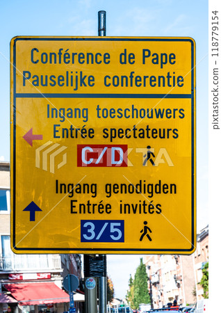 Sign of the Pope visiting Koekelberg, Brussels, Belgium on SEP 28, 2024 Sign of the Pope visiting Koekelberg, Brussels, Belgium on SEP 28, 2024 118779154