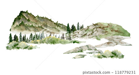 Scenery landscape mountains fields hills pasture land alpine vista, coniferous forest fir spruce trees hand drawn in watercolor. Illustration for tourism, resort ads, hiking camping sites, vacation. Scenery landscape mountains fields hills pasture land alpine vista, coniferous forest fir spruce trees hand drawn in watercolor. Illustration for tourism, resort ads, hiking camping sites, vacation. 118779231