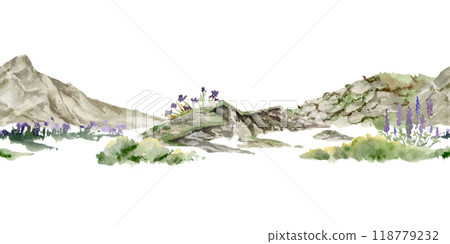 Scenery landscape of alpine vista, meadow grass moorland rock cliffs crags with grass and flowers, hand drawn in watercolor. Seamless banner. For tourism, resort ads, hiking camping sites, vacation. Scenery landscape of alpine vista, meadow grass moorland rock cliffs crags with grass and flowers, hand drawn in watercolor. Seamless banner. For tourism, resort ads, hiking camping sites, vacation. 118779232