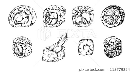 Traditional Japanese food, california philadelphia alaska sushi rolls with raw fish salmon unagi tuna shrimp, hand drawn in vector pen and ink. Set of elements for restaurant, cafe menu, recipe book 118779234