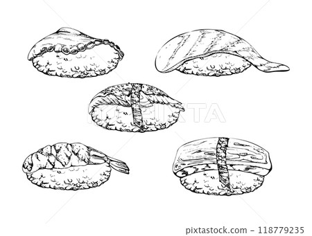 Traditional Japanese food, nigiri sushi with raw fish tuna salmon unagi shrimp, tamagoyaki tako octopus, hand drawn in vector pen, ink. Set of elements for restaurant, cafe menu, kitchen, recipe book 118779235