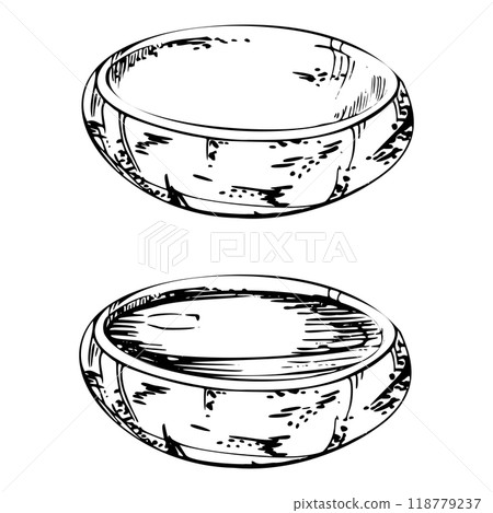 Ceramic plate dish bowl for hobby, handmade, food, empty and filled. Hand drawn in vector pen and ink. Illustration for pottery shop logo, art class, print, website, restaurant or cafe menu, booklet. Ceramic plate dish bowl for hobby, handmade, food, empty and filled. Hand drawn in vector pen and ink. Illustration for pottery shop logo, art class, print, website, restaurant or cafe menu, booklet. 118779237