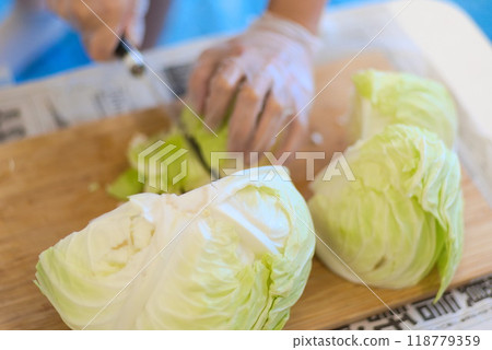 Cutting cabbage for yakisoba with a knife Cutting cabbage for yakisoba with a knife 118779359