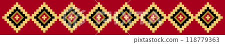 Diamond band motif from an Inca textile pattern. Based on a design of a tunic for men of the Inca Empire, from 15th century CE. Red band containing eight stepped diamond shapes of vibrant colors. Diamond band motif from an Inca textile pattern. Based on a design of a tunic for men of the Inca Empire, from 15th century CE. Red band containing eight stepped diamond shapes of vibrant colors. 118779363