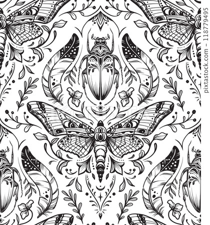Vector black and white seamless pattern with mystical objects, butterflies, plants, elements of astrology and sacred geometry. Vector black and white seamless pattern with mystical objects, butterflies, plants, elements of astrology and sacred geometry. 118779495