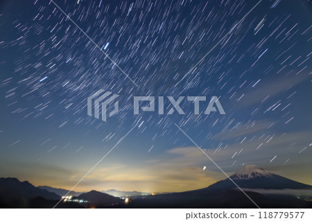 Mount Fuji and the rising summer constellations as seen from Lake Shojiko Panorama Platform 118779577