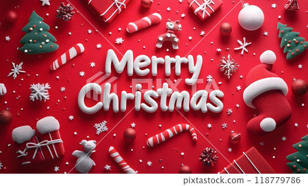 Merry Christmas and happy New Year background - Merry Christmas Text with Festive Decorations on Red Background_1 118779786