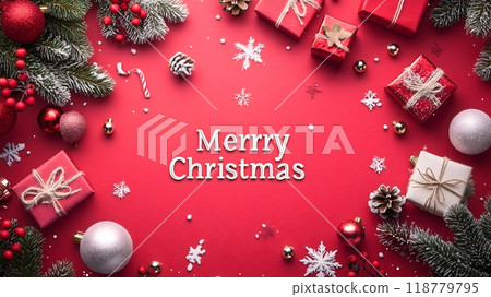 Merry Christmas and happy New Year background - Merry Christmas Text with Festive Decorations on Red Background_10 118779795