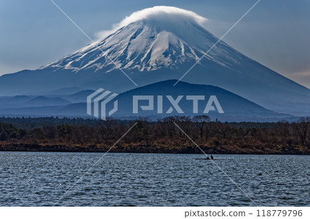 Mt. Fuji covered with a cape cloud as seen from the shore of Lake Shoji 118779796