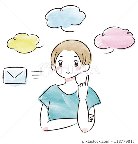 Watercolor vector illustration of a stylish woman sending an email (with speech bubble) Watercolor vector illustration of a stylish woman sending an email (with speech bubble) 118779815