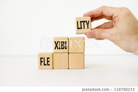 Flexibility symbol. Concept word Flexibility on beautiful wooden cubes. Businessman hand. Beautiful white background. Business flexibility concept. Copy space. 118780233