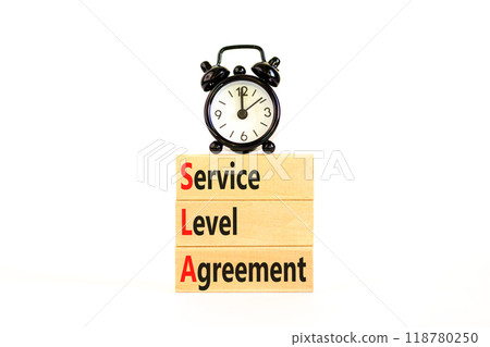 SLA service level agreement symbol. Concept words SLA service level agreement on beautiful wooden blocks. Beautiful white background. Business SLA service level agreement concept. Copy space. 118780250