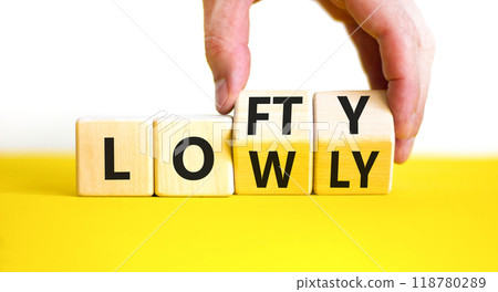 Lofty or lowly symbol. Concept words Lofty Lowly on wooden block. Beautiful yellow table white background. Businessman hand. Business lofty or lowly concept. Copy space. Lofty or lowly symbol. Concept words Lofty Lowly on wooden block. Beautiful yellow table white background. Businessman hand. Business lofty or lowly concept. Copy space. 118780289