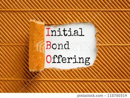 IBO initial bond offering symbol. Concept words IBO initial bond offering on beautiful white paper. Beautiful brown paper background. Business IBO initial bond offering concept. Copy space. 118780314
