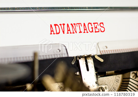 Advantages symbol. Concept word Advantages typed beautiful old retro vintage typewriter. Beautiful white paper background. Business advantages concept. Copy space. 118780319