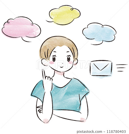 一位時尚女性收到電子郵件的水彩向量插圖(帶語音氣泡) 一位時尚女性收到電子郵件的水彩向量插圖(帶語音氣泡) 118780403
