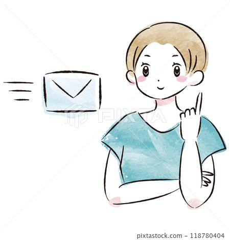 一位時尚女性收到電子郵件的水彩向量圖 一位時尚女性收到電子郵件的水彩向量圖 118780404