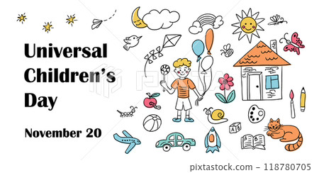 Universal Childrens day banner with doodle items 118780705