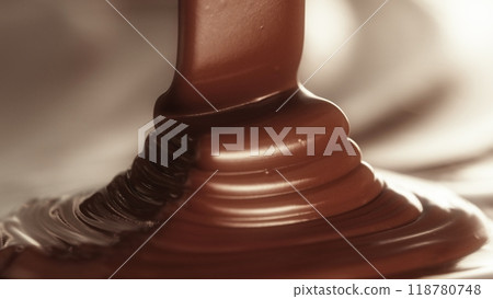 Macro Shot of Pouring Hot Melted Chocolate in Close-up. 118780748