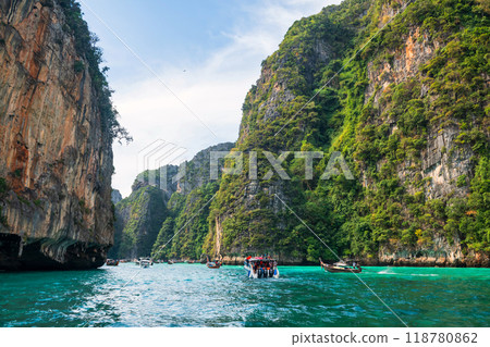 tourist boats sailing to Loh Samah Bay of Pileh at Phi Phi island, Krabi 118780862