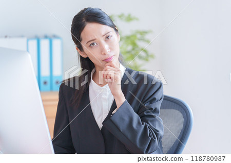 Businesswoman working with a desktop computer in the office (worried/thinking) 118780987
