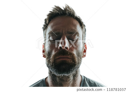 Portrait of a man with a complex, layered expression, portraying the multifaceted nature of mental illness, on white 118781037