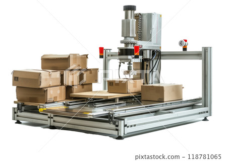 A packaging machine sealing boxes on a white background 118781065