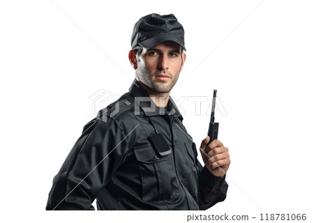 A security guard in a black uniform, holding a walkie-talkie , white background. 118781066