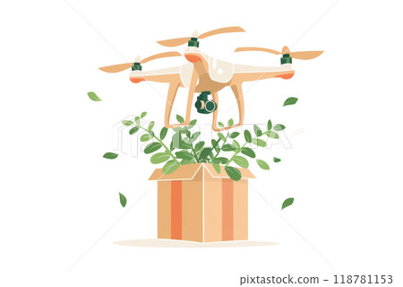 A drone delivering a small potted plant, symbolizing sustainable tech delivery, on a white background 118781153