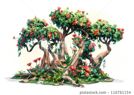 A neural network made up of interconnected natural elements, such as trees and flowers. 118781154