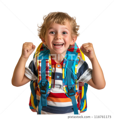 colorful backpack, their face full of excitement for going to school, on a white background. colorful backpack, their face full of excitement for going to school, on a white background. 118781173