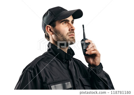 A security guard in a black uniform, holding a walkie-talkie , white background. 118781180