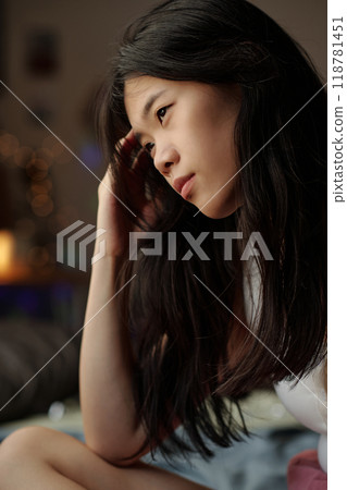 Girl suffering from headache or hangover 118781451