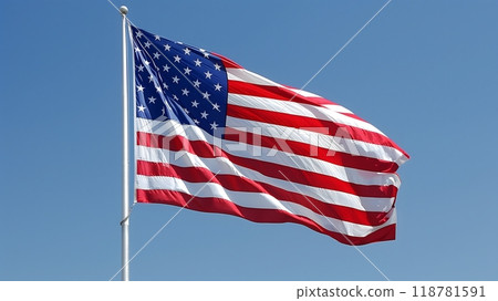 American Flag Waving Against Clear Blue Sky_1 - the iconic American flag waving gracefully against a clear blue sky American Flag Waving Against Clear Blue Sky_1 - the iconic American flag waving gracefully against a clear blue sky 118781591