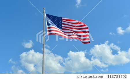 American Flag Waving Against Clear Blue Sky_2 - the iconic American flag waving gracefully against a clear blue sky American Flag Waving Against Clear Blue Sky_2 - the iconic American flag waving gracefully against a clear blue sky 118781592