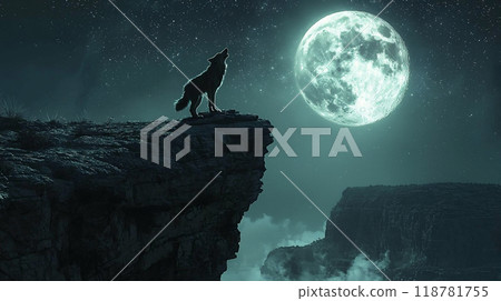 狼對著滿月嚎叫的剪影 118781755
