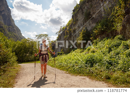 A Hiker Adventurously Exploring a Scenic and Beautiful Trail Surrounded by Natures Splendor A Hiker Adventurously Exploring a Scenic and Beautiful Trail Surrounded by Natures Splendor 118781774