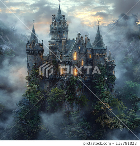 A fantastic old castle shrouded in mist 118781828