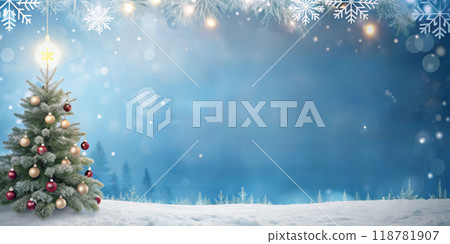 Decorated Christmas Tree with Snowflakes on Winter Background. Blue Background. Blank. Copy space. 118781907