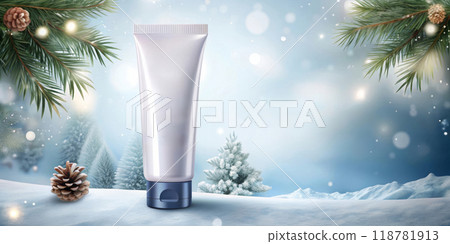 Blank Cream Product Display With Winter Pine and Snow Background 118781913