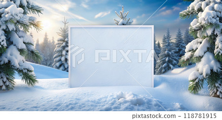 Blank Winter Scene with Snowy Trees and Empty Billboard 118781915