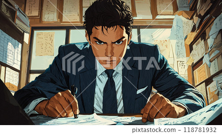 一位穿著西裝的忙碌商人，周圍都是文件 118781932