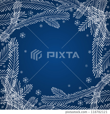 The frame is a winter or festive Christmas banner. on the edges of the blue background are branches of a snow-covered Christmas tree and snowflakes are flying. Vector illustration 118782121