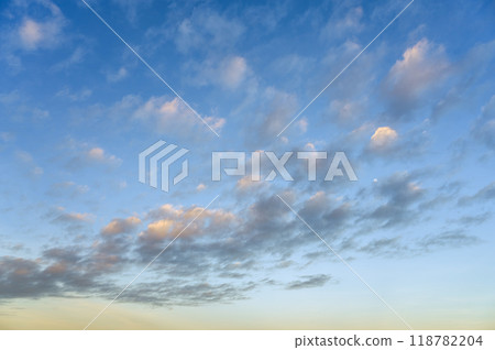sunrise sky with gentle colorful clouds. Real amazing panoramic sunrise or sunset sky. sunrise sky with gentle colorful clouds. Real amazing panoramic sunrise or sunset sky. 118782204
