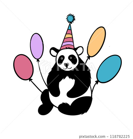 Hand drawn illustration of panda bear having birthday party with balloons. Funny cartoon simple minimalist card congratulation greeting print, perfect for kids children, cute fluffy animal black white Hand drawn illustration of panda bear having birthday party with balloons. Funny cartoon simple minimalist card congratulation greeting print, perfect for kids children, cute fluffy animal black white 118782225