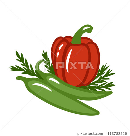 hand drawn illustration of red green bell pepper paprika herbs dill. Harvest farm vegetables, organic food ingredient vegan vegetarian diet. Ripe tasty juicy fresh agriculture produce for labels cafe. 118782226