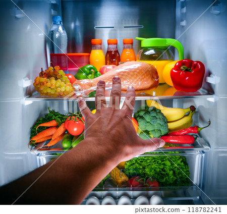 Human hands reaching for turkey leg food at night in the open refrigerator 118782241