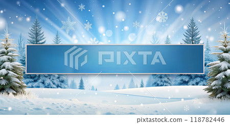 Winter Blue Banner with Snowflakes and Trees in the Background 118782446